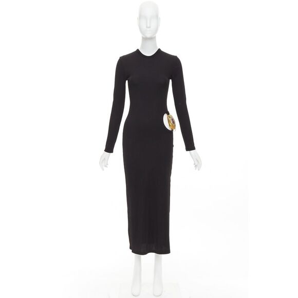 CHRISTOPHER ESBER black ribbed brown floral acrylic cut out bodycon dress UK6 XS - Picture 9 of 9